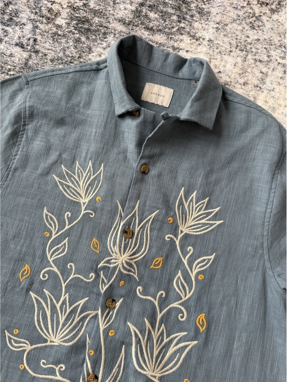 PacSun Mens Shirt Small Blue Floral Embroidered Button Up Short Sleeve